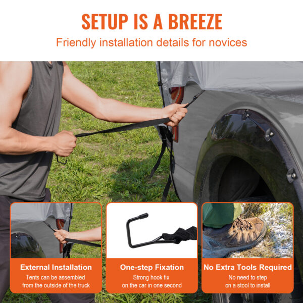 VEVOR Truck Bed Tent, 6.4-6.7 Pickup Truck Tent With Rain Layer And Carry Bag, Waterproof PU2000mm Double Layer Truck Tent, Accommodate 2-3 Person, For Camping Traveling Outdoor Activities - Image 4