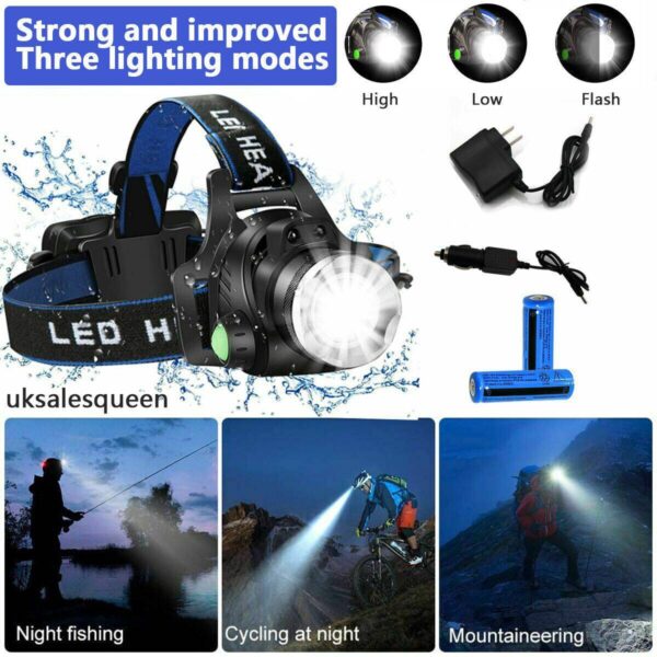 990000LM Rechargeable LED Headlamp Zoomable Torch Tactical Headlight Flashlight - Image 3