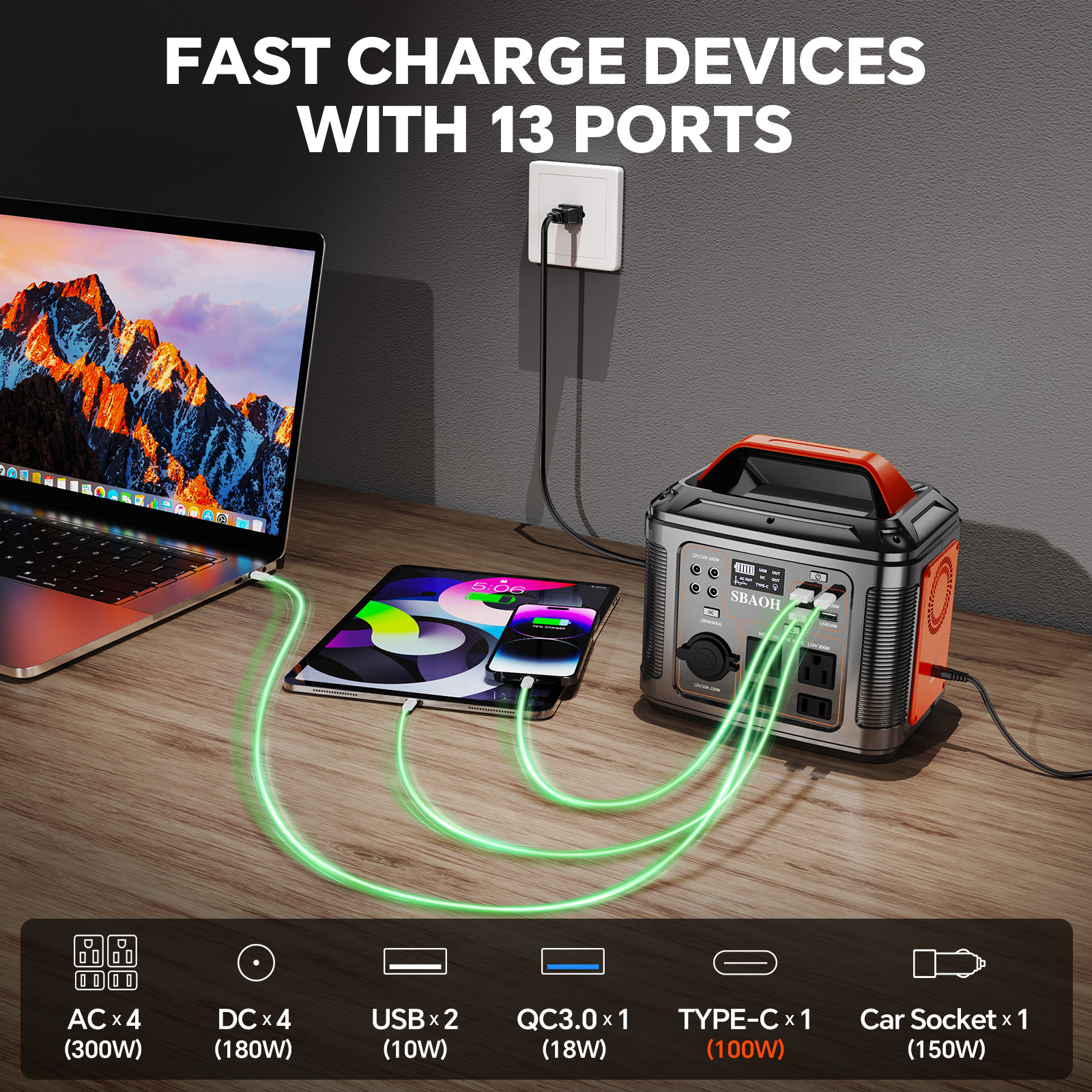 300W Portable Power Station, 296Wh Backup Lithium Battery, Solar Generator For Outdoors Camping Travel Hunting Blackout ,60W Solar Panel Is Included - Image 6