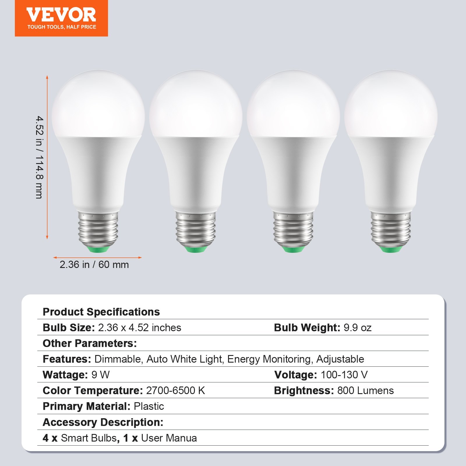 VEVOR Smart Light Bulbs, 4-Pack, 9W Multicolor LED Bulbs, 800 Lumens With Smart Control Compatibility For Vera, Google Assistant, Amazon Alexa, IOS, Android, RGB Color Changing - Image 3