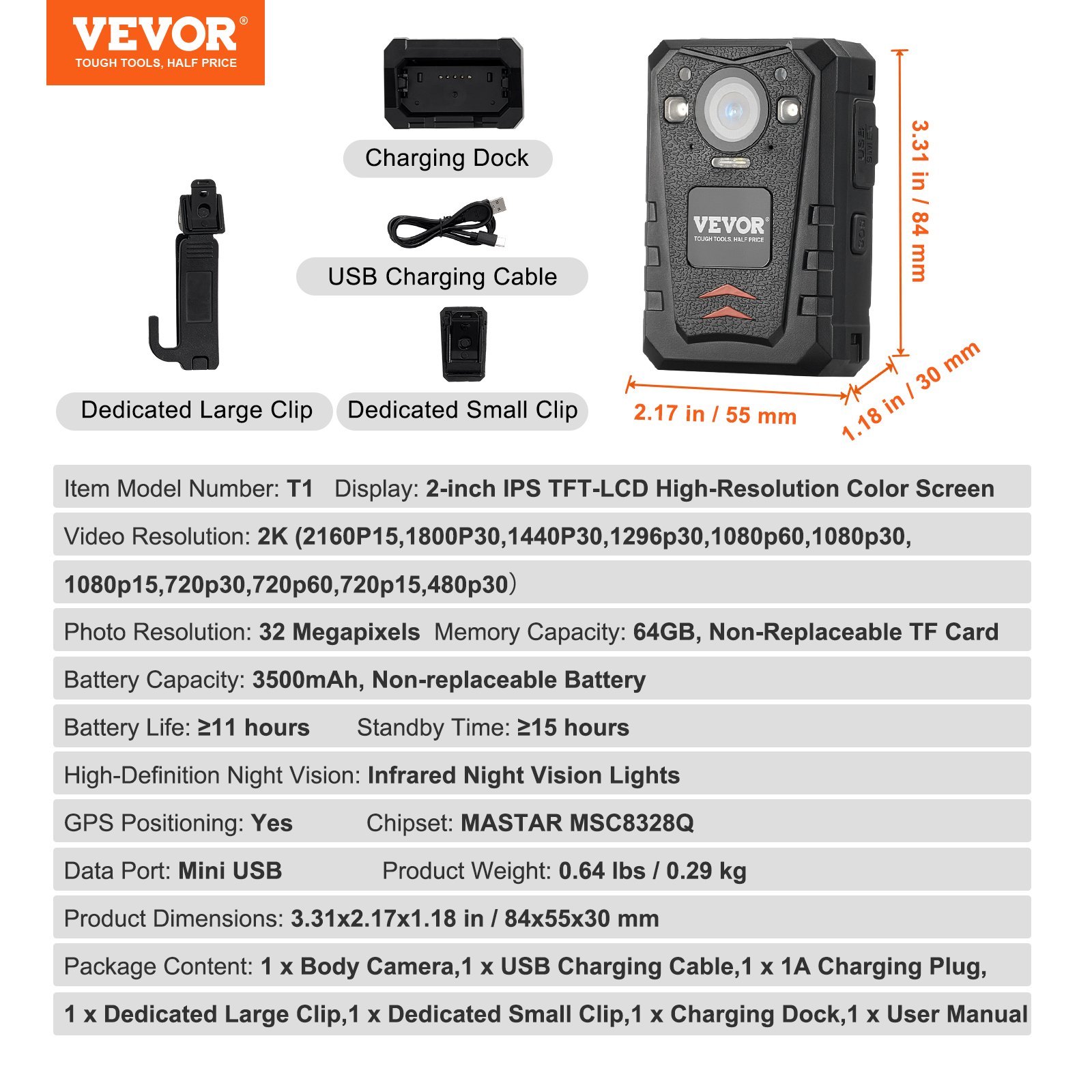 VEVOR 1440P HD Police Body Camera, 64GB Body Cam With Audio Video Recording Picture, Built-in 3500 MAh Battery, Infrared Night Vision, Waterproof GPS Personal Body Cam For Law Enforcement - Image 3