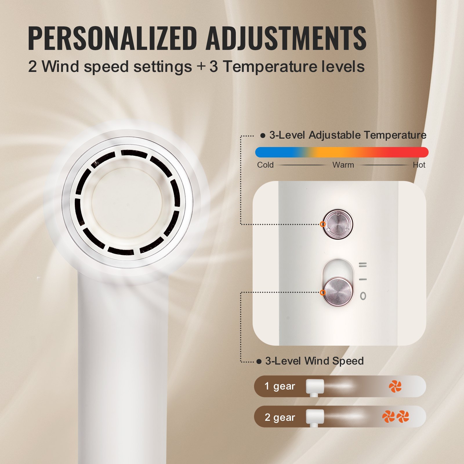 VEVOR High-Speed Hair Dryer With 102,000RPM Brushless Motor, 200 Million Negative Ions Hair Blow Dryer, 3-Color Temp LED Lights & 2 Speeds, Lightweight Hairdryer With Diffuser & Nozzle For Home Travel - Image 3