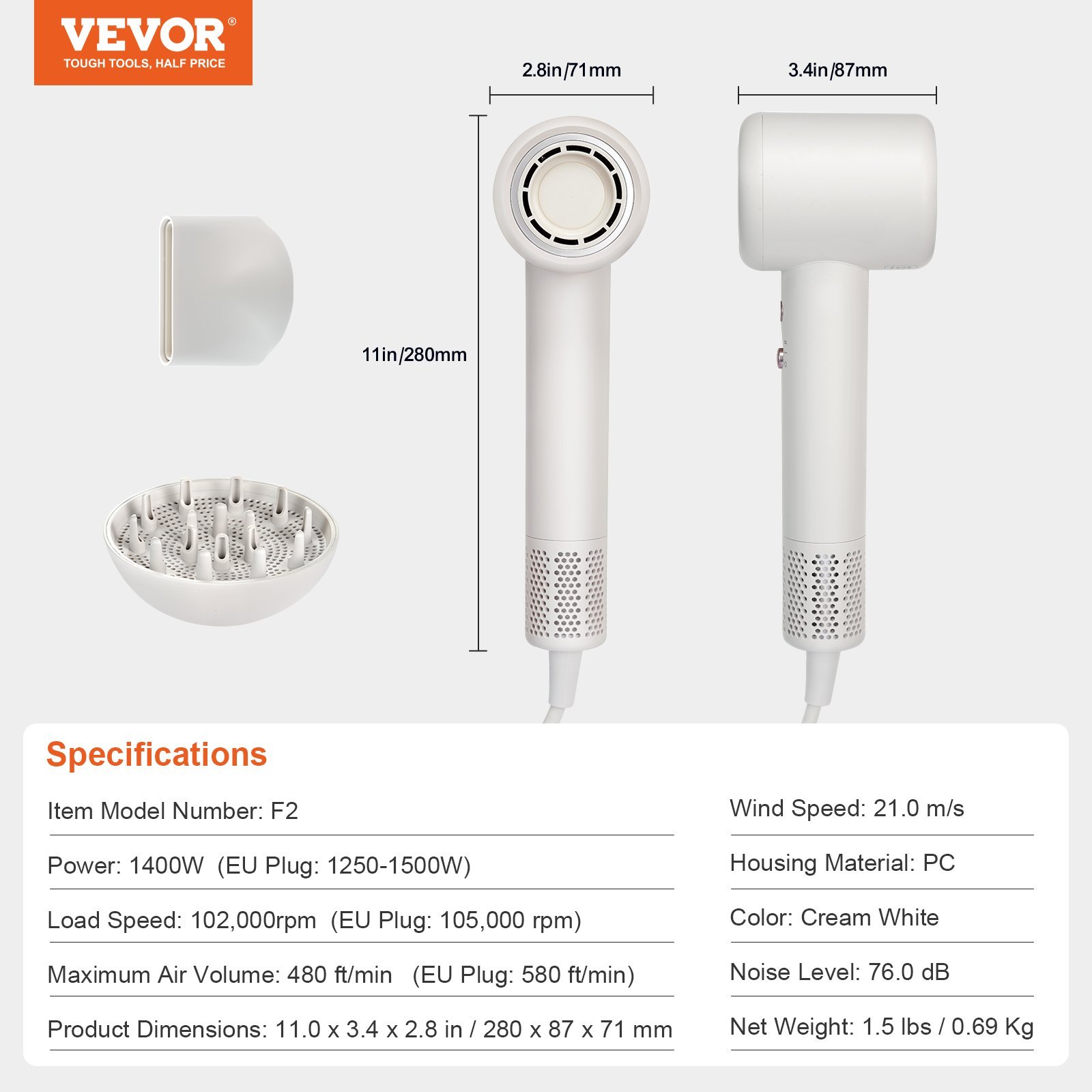 VEVOR High-Speed Hair Dryer With 102,000RPM Brushless Motor, 200 Million Negative Ions Hair Blow Dryer, 3-Color Temp LED Lights & 2 Speeds, Lightweight Hairdryer With Diffuser & Nozzle For Home Travel - Image 2